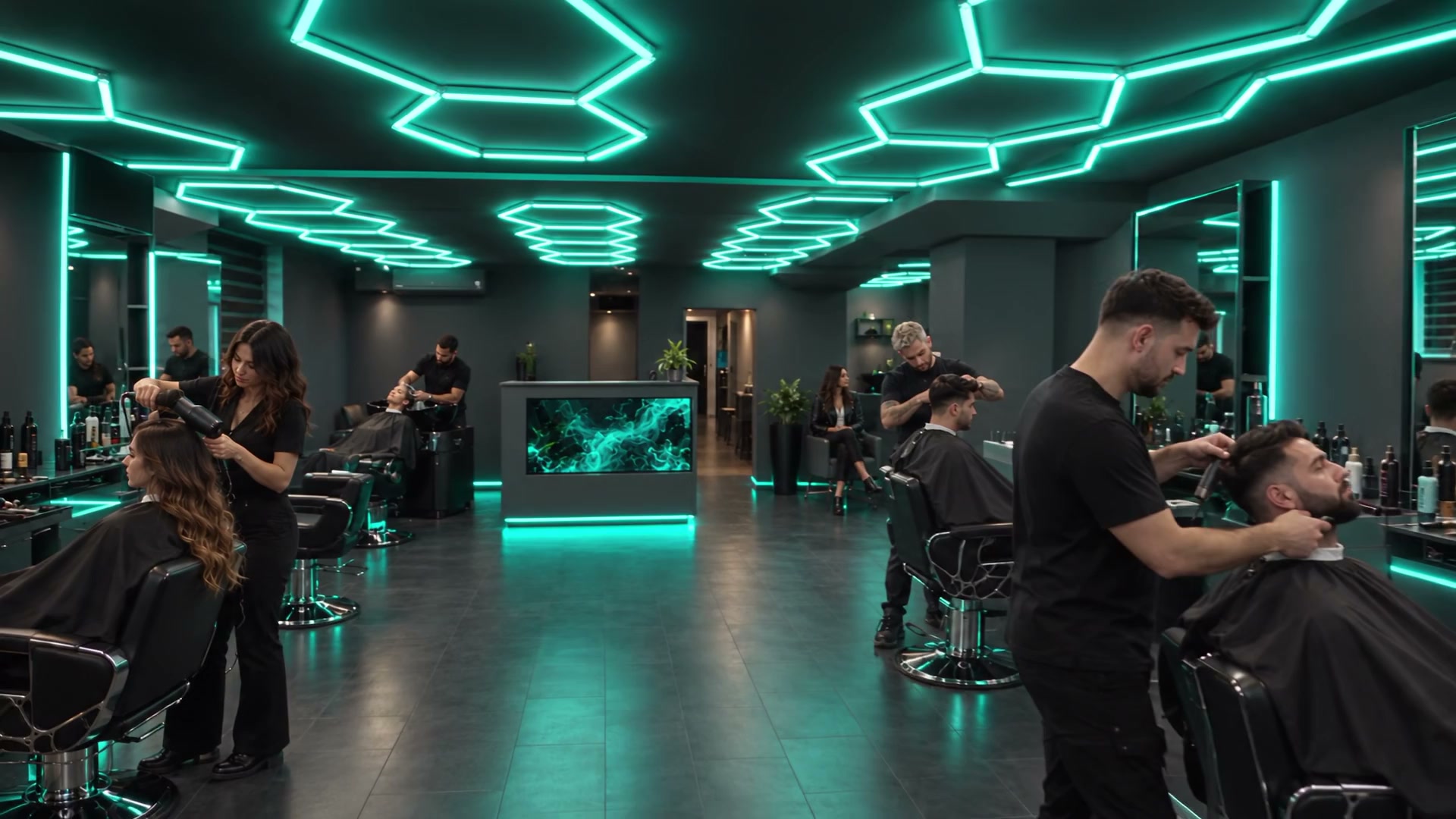Interiorul ReSeT Salon, cu posturi de lucru și lumini hexagonale pe tavan